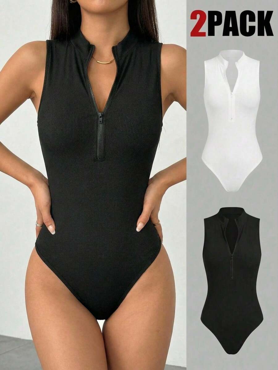 SHEIN EZwear 2-Piece Black & White Knitted Bodysuit Set For Women - Multicolor - View 1