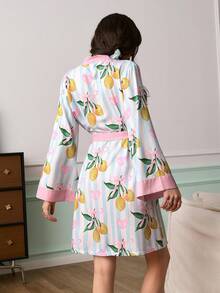 Chillnights Young Energetic Interesting Fruit Lemon Heart Striped Print Short Women Robe Robes For Women Floral Robe Summer Set For Woman Silk Robe Women Set Tropical Dress For Women Pyjama Robe Pyjamas Set Women Ladies Pyjama Set Home Clothes For Women Spring Outfits For Women Pijamas Summer Set For Woman Pijama Party Set For Ladies Gown Sleepwear For Women Spring Outfits For Women Dresses - Multicolor - View 2