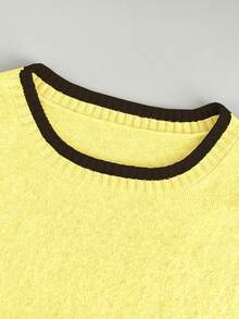 Franclia Women's Yellow Summer Smart Casual Everyday Soft Round Neck Short Sleeve Contrast Trim Loose Straight Knit Pullover Top,Plus Size Knitted Sweater - Light Yellow - View 3