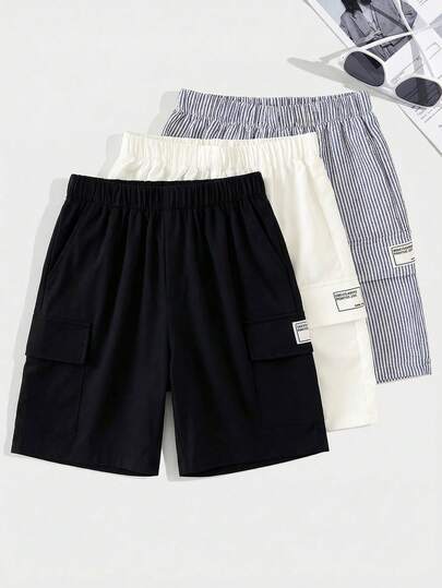 3pcs/Set Tween Boys' Loose Casual Woven Solid White, Striped, Black All-Match Versatile Sports Cargo Shorts, Buy 1 Get 2, 3pcs In Total, Suitable For Spring/Summer, Suitable For Beach Vacation And Outdoor