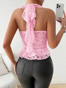 SHEIN Unity Tank Top Halter Berkerah V dengan Hiasan Renda untuk Wanita, Cocok untuk Pesta Liburan - Berwarna merah muda - View 2