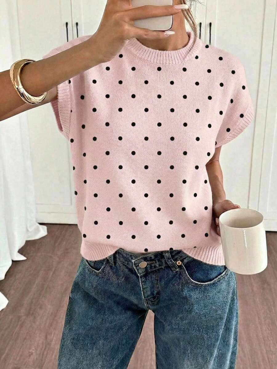 Siren Gaze Women's Polka Dot Pattern Round Neck Short Sleeve Casual Knit Top - Pink - View 1