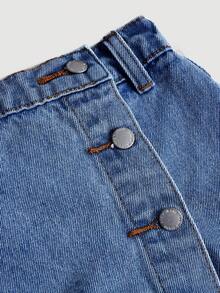 SHEIN Girlism Tween Girls Light Blue Washed Denim Asymmetrical Button Skort And Shorts, Summer Y2K Vacation - Dark Wash - View 3