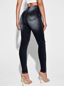 SHEIN Essnce Women's Front Button Pocket Ripped Casual Denim Jeans - Black - View 2