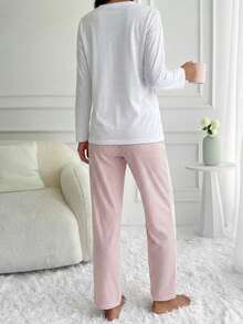 WovenCharm Women's Love Heart & Letter Print Top Striped Pants Pajama Set - Baby Pink - View 6