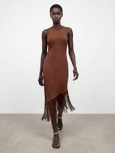 Maija 女士时尚无袖流苏下摆中长连衣裙，夏季
