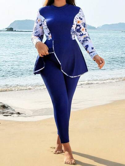 Swim Mulvari Conjunto de traje de baño informal de vacaciones en la playa para mujer talla grande, con top de manga larga y pantalones con estampado floral y parches