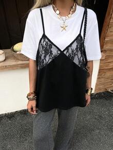 Livesso 女士夏季休闲撞色蕾丝拼接吊带T恤 - 黑與白 - 查看 3