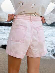 Livesso 女士粉色牛仔短裤，撞色滚边，休闲夏季度假装 - 粉色 - 查看 2