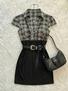 Elamini Women's Casual Commuting School Style Plaid Patchwork V-Neck Ruffle Hem Dress - Black - View 4
