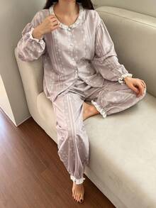 DAZY 女士花卉条纹印花纽扣前开襟长袖上衣和裤子睡衣套装 - 灰色 - 查看 6