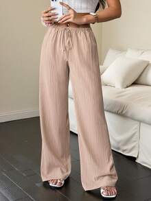 Flirla Petite Women's Casual Drawstring Elastic Waist Pocket Pants - Beige - View 4