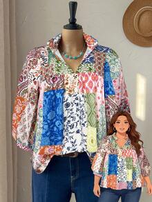 Rusticease Áo sơ mi nữ cỡ lớn in họa tiết toàn thân, kiểu dáng thường ngày, đa năng. - Màu xanh lam - Xem 1