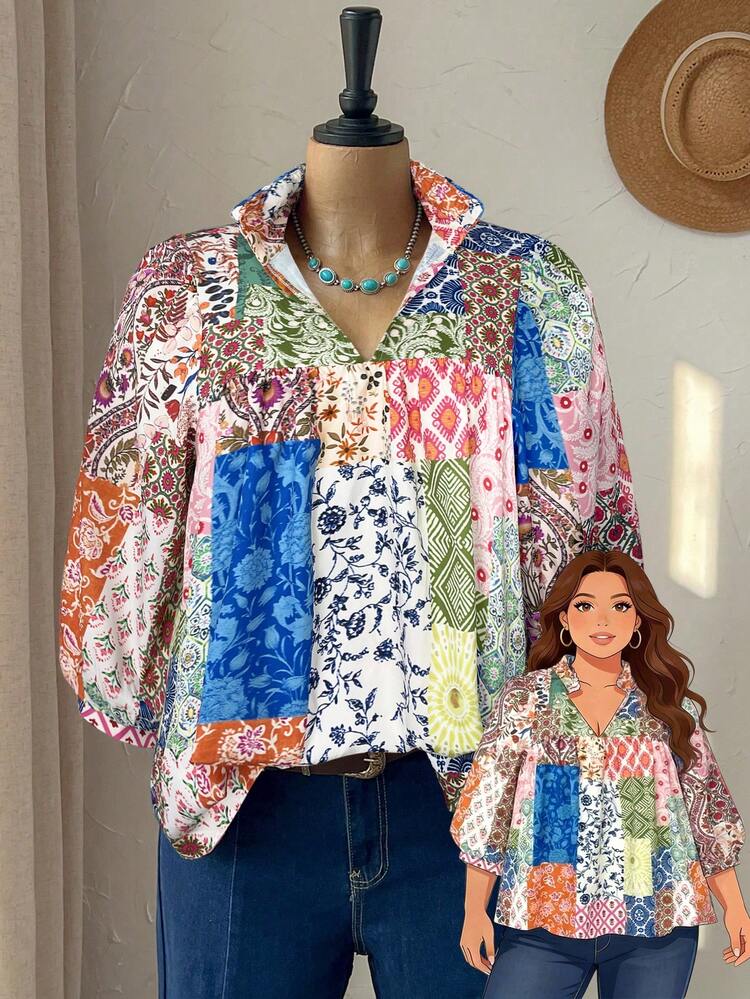 Plus Size Women Allover Print Casual Versatile Daily Wear Shirt