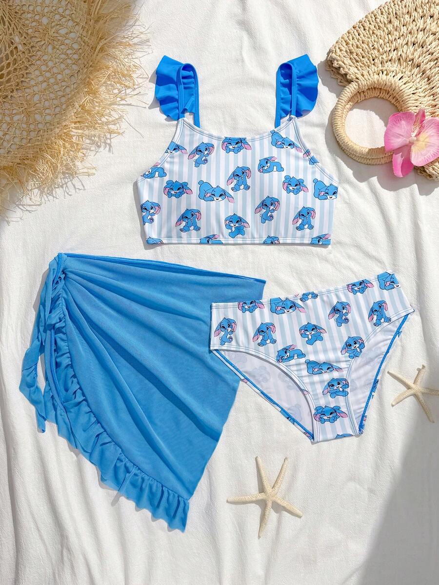 SHEIN 少女可爱休闲简约条纹针织卡通兔子印花背心、荷叶边泳裤和罩裙三件套泳衣套装，时尚休闲优雅女士 - 藍色 - 查看 1