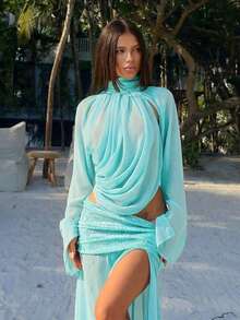 SHEIN ICON 女士宽松度假休闲蝙蝠袖上衣，高领露背褶皱细节衬衫，优雅外出之选 - 淺藍色 - 查看 1