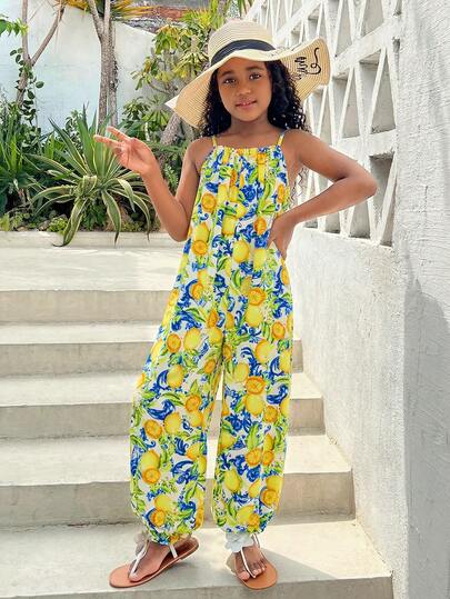 SHEIN Tween Girl Casual Summer Vacation Style Loose Tropical Plant Print Cami Jumpsuit Summer Bloomers Jumpsuit Hawaiian Jumpsuit