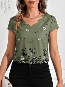 SHEIN Clasi Ruffle Collar Printed Short Sleeve Shirt,Summer Top - Green - View 4