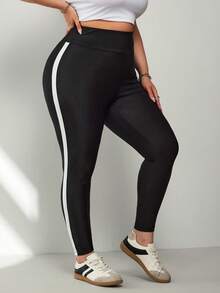 SHEIN CURVE+ 大码女式撞色休闲打底裤，黑白条纹打底裤，大码运动打底裤，大码打底裤，大码瑜伽裤，大码运动服，大码打底裤，大码女式运动套装 - 黑與白 - 查看 5