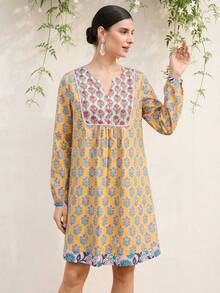 LOTSLUV 女士复古印花V领宽松长袖短款棉质连衣裙，黄/红/蓝，春夏款，休闲连衣裙，夏季连衣裙，短款连衣裙，夏季连衣裙，节日连衣裙，度假连衣裙，黄色连衣裙，束腰连衣裙，女士束腰上衣，春季女装，女士库尔塔，女士图案连衣裙 - 黃色 - 查看 4