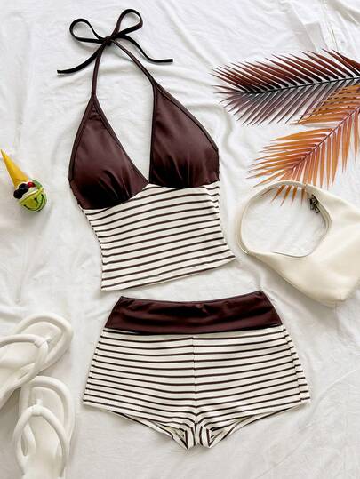 Soleia Women's Striped Patchwork Halter Tie Top And Shorts Casual 2 Pieces Set