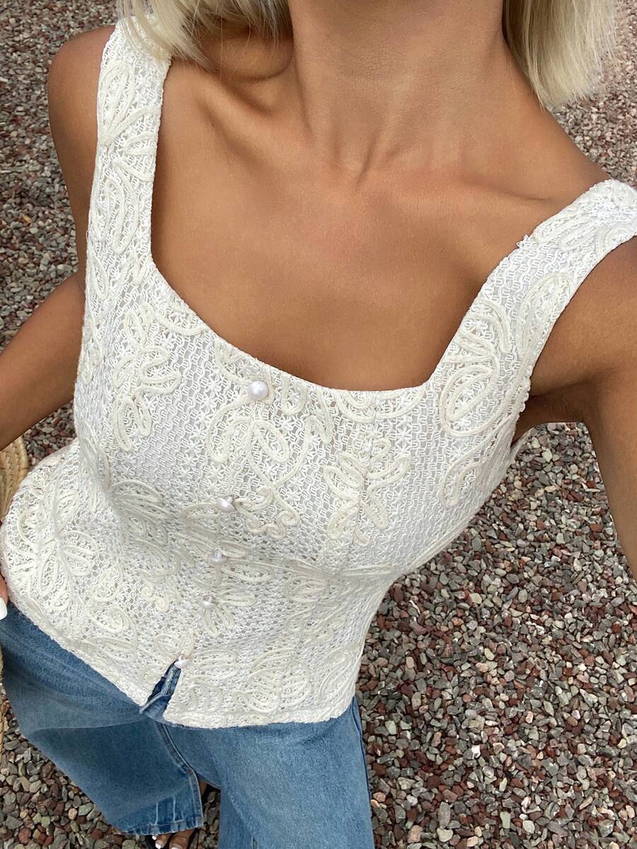 DAZY Áo khoác vest ngắn không tay ôm sát người, thanh lịch, dành cho nữ, chất liệu vải jacquard, thích hợp cho kỳ nghỉ hè. - Màu be - Xem 1