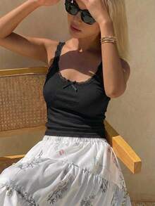 DAZY 女士夏季蕾丝拼接蝴蝶结装饰修身吊带背心，休闲性感上衣 Y2k - 黑色 - 查看 4