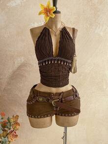 Soleia Women's Vintage Boho Textured Halter Neck Backless Tank Top,All Shades Of Brown Summer Holiday Music Festival Night Out Club Outfit With Zip Lining - Brown - View 3