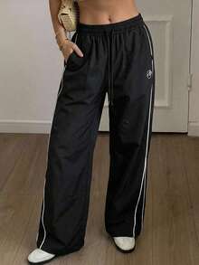 DAZY Women's Side Striped Drawstring Waist Long Pants Y2k - Black - View 9