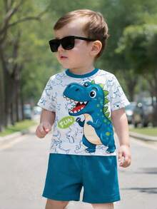 SHEIN Playful Pals 新生兒男嬰 2 件套 藍白條紋 夏季休閒可愛沙灘套裝 嬰兒幼兒 6M-3T 柔軟 T 恤與短褲衣裝套組 - 彩色 - 查看 6