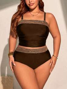 Swim Chiccia Plus Size Women's 2pcs Black Crochet Patchwork Crop Top & High Waist Triangle Bottoms Bikini Set,Gold Summer Classy Elegant Beach Minimalist Vacation - Coffee Brown - View 3