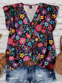 EMERY ROSE Plus Size Women Summer Casual Floral Print Retro Style Button Down Shirt Autumn And Winter Chic Blouses For Women Fall - Multicolor - View 1