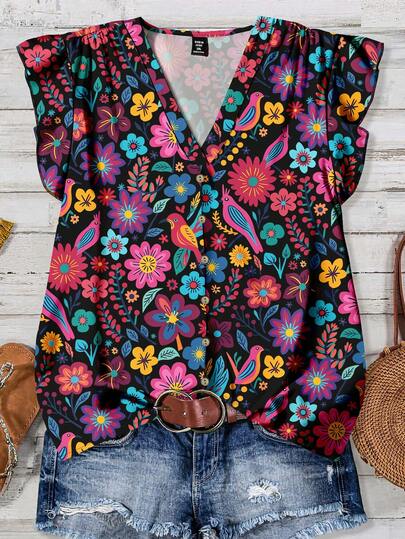 EMERY ROSE Chemise à manches courtes style rétro, imprimé floral, boutonné, pour femmes grande taille, style casual d'été