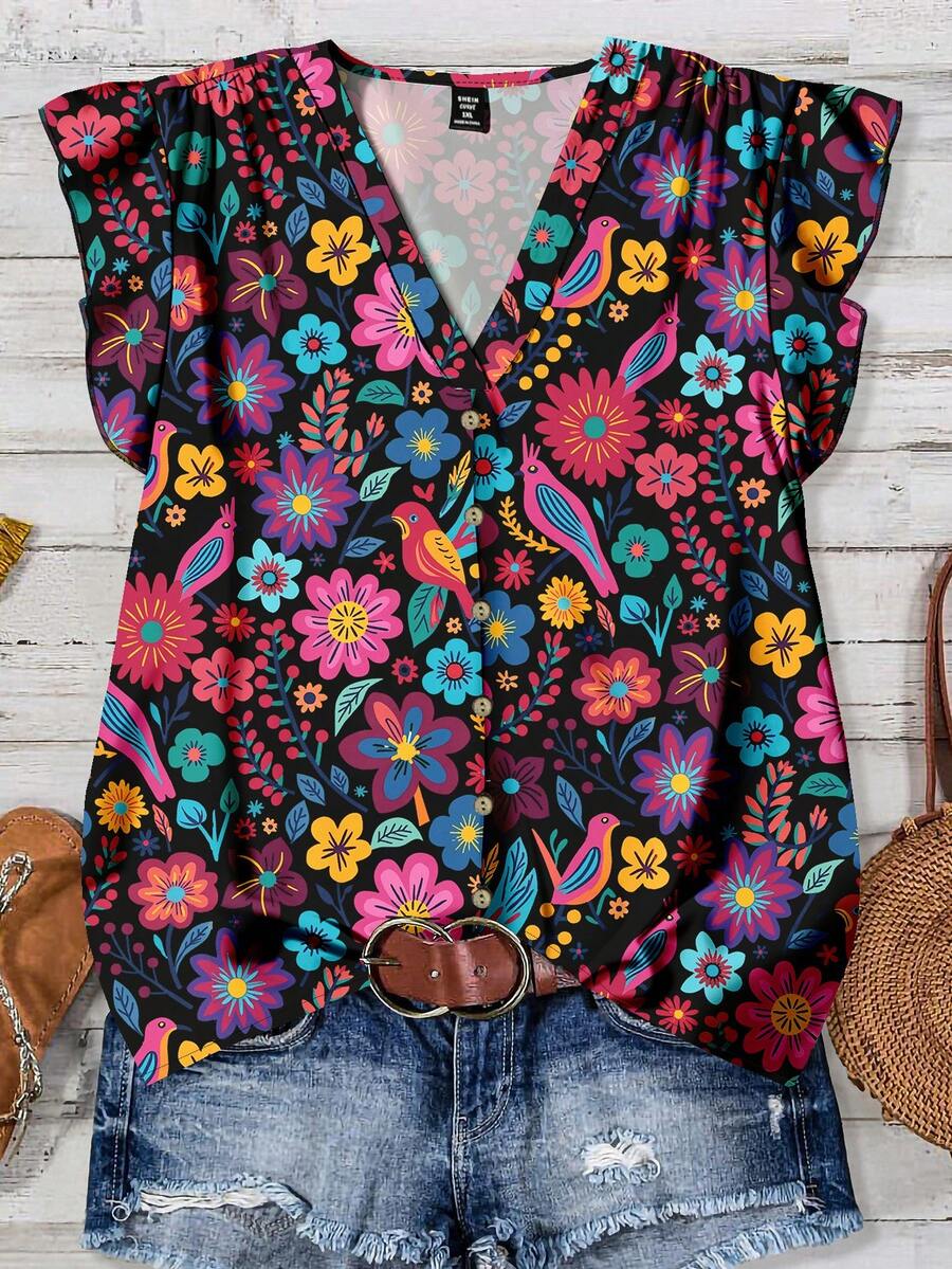 EMERY ROSE Plus Size Women Summer Casual Floral Print Retro Style Button Down Shirt Autumn And Winter Chic Blouses For Women Fall - Multicolor - View 1