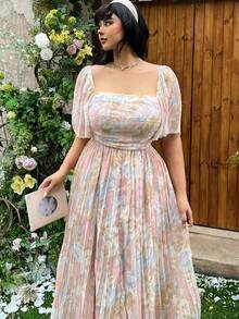 Lyrianda Plus Size Women Elegant Floral Print Long Pleated Dress - Pink - View 3