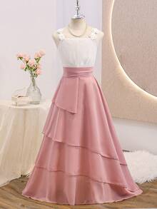 Đầm ren chiffon màu hồng thanh lịch không tay ôm sát người dành cho bé gái tuổi teen, thích hợp cho tiệc tối, Giáng sinh, Halloween, đám cưới, làm phù dâu, dạ hội, lễ tốt nghiệp, tựu trường và các dịp khác. - Hồng - Xem 3