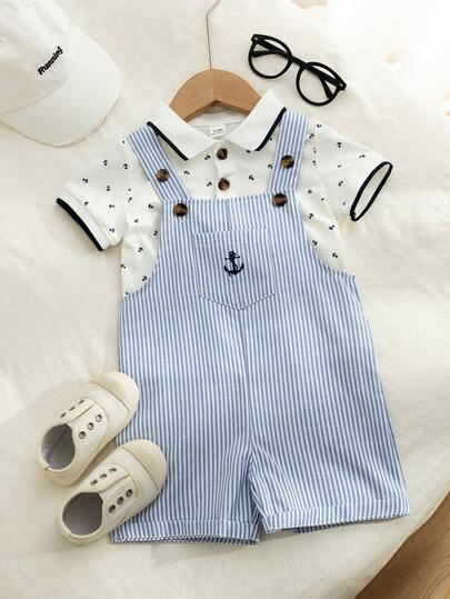 两件套幼儿男童航海条纹背带短裤和T恤套装，适合休闲、室内/户外活动、日常穿着、运动、派对、摄影、婚礼、洗礼、节日、街头服饰、春夏季节、男婴服装、男童套装、婴儿男童套装