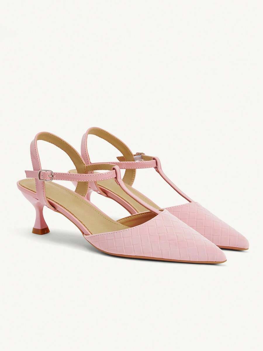 CUCCOO CHICEST Women ShoesT Sub-Belt Design Sense Single Shoes Cherry Blossom Powder Woven Pattern Pointed Kitten Heel Empty Single Shoes - Pink - View 1