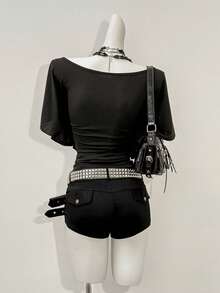 Jeanoix Women's Sexy Y2K Punk Dark Style Tight Fit T-Shirt - Black - View 2