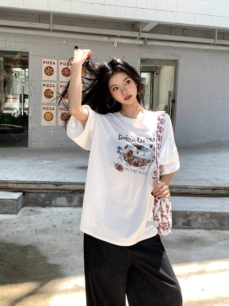 Women's Round Neck Letter Print Casual Loose Summer Short Sleeve T-Shirt Graphic Tees Women
