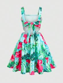 SHEIN Đầm dự tiệc mùa hè kiểu dáng thường ngày, hở lưng, in hoa dành cho bé gái. - Nhiều màu - Xem 4