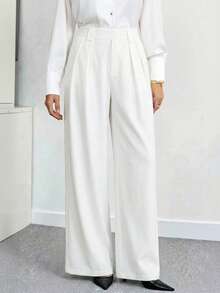SHEIN Tall Quần ống rộng nữ dáng suông, màu trơn, đa năng, cạp cao, quần ống rộng - trắng - Xem 4