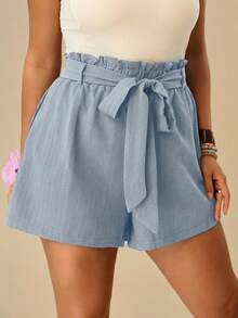Travachic Plus Size Summer Casual Solid Color Elastic Waist Textured Shorts - Baby Blue - View 1