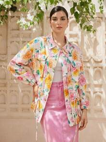 LOTSLUV Áo khoác nữ dáng rộng tay dài in hoa, có túi, dây rút ở eo và cúc cài phía trước. - trắng - Xem 1