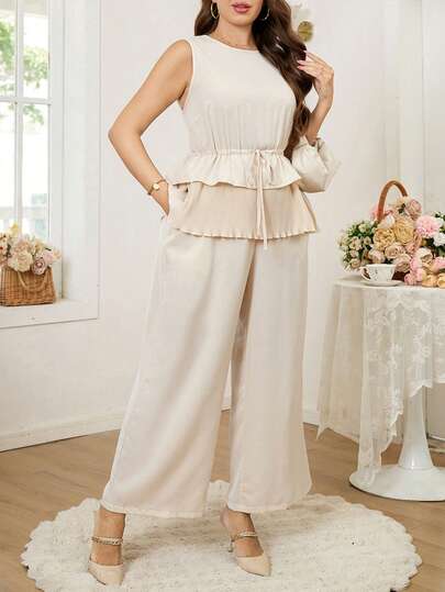 Reflora Plus Size Women 2pcs Set: Drawstring Waist Tank Top And Wide Leg Pants