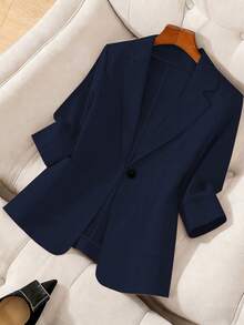 GlowEve CURVE Chaqueta de talla grande para mujer de unicolor con cuello de solapa y manga larga para uso diario - Azul Marino - Ver 1
