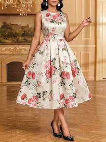SHEIN Lady Women's Floral Print Round Neck Sleeveless Elegant Mid-Length Dress - Multicolor - View 3