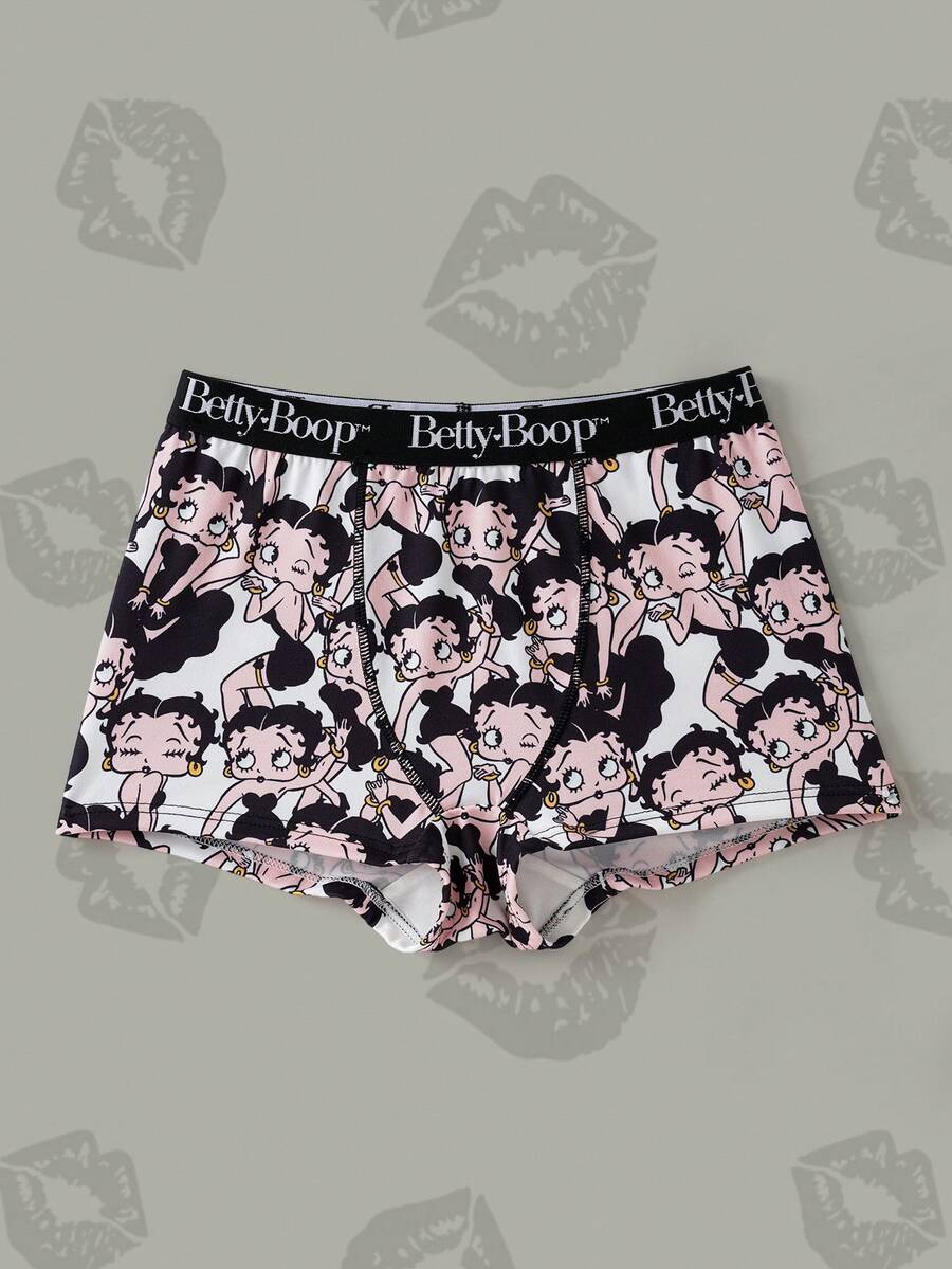 Betty Boop x SHEIN 女童弹力腰带休闲舒适平角短裤 - 黑色 - 查看 1