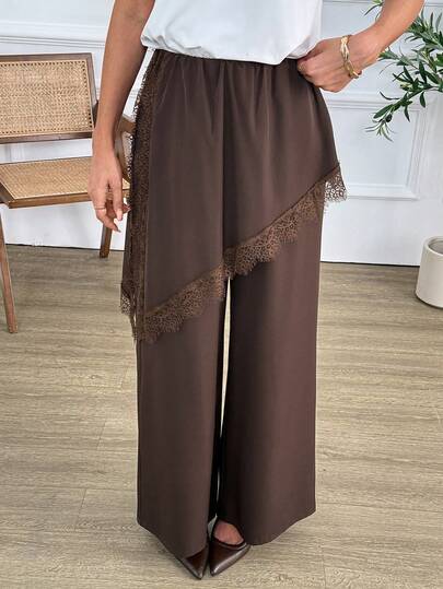 Easowa Lace Patchwork Asymmetrical Hem Wide Leg Pants, Satin Fabric Casual Loose Elegant Commuter Vintage Style Vacation Trousers For Women, Spring/Summer