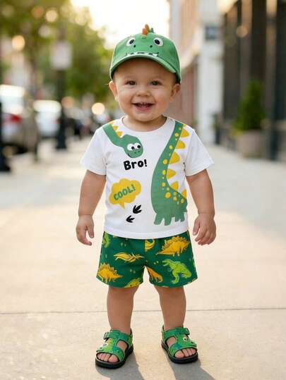 Bộ quần áo thường ngày cho bé trai sơ sinh (6 tháng - 3 tuổi), áo thun cổ tròn tay ngắn mềm mại thoải mái kết hợp với quần short in hình khủng long, thích hợp cho mùa hè, thể thao, thường ngày, phong cách tối giản, trang phục cơ bản hàng ngày, 6 tháng - 3 tuổi.